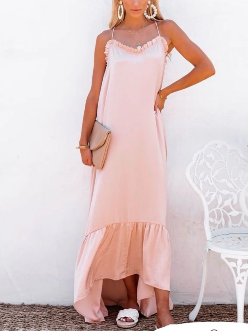Ruffled High-Low Maxi Dress in Blush Pink